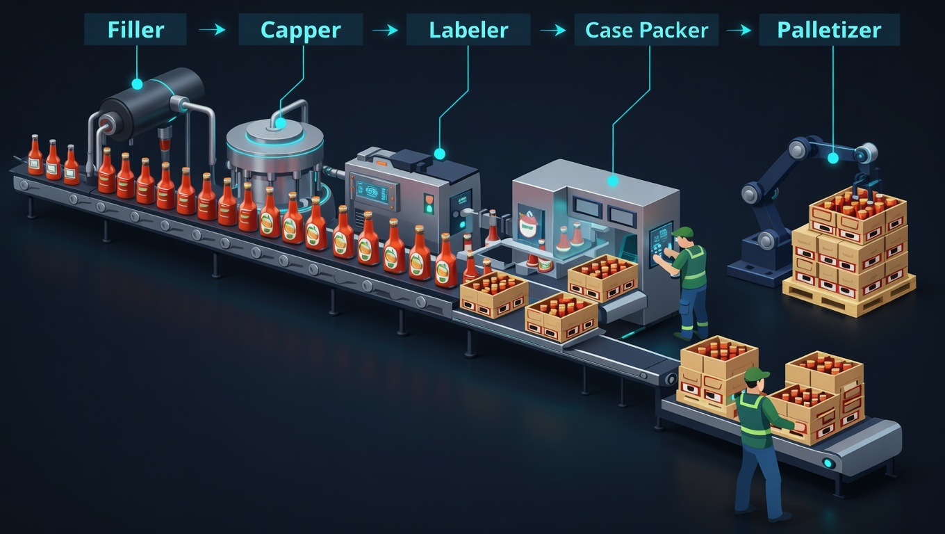 A bottling line — Filler, Capper, Labeler, Case Packer, Palletizer